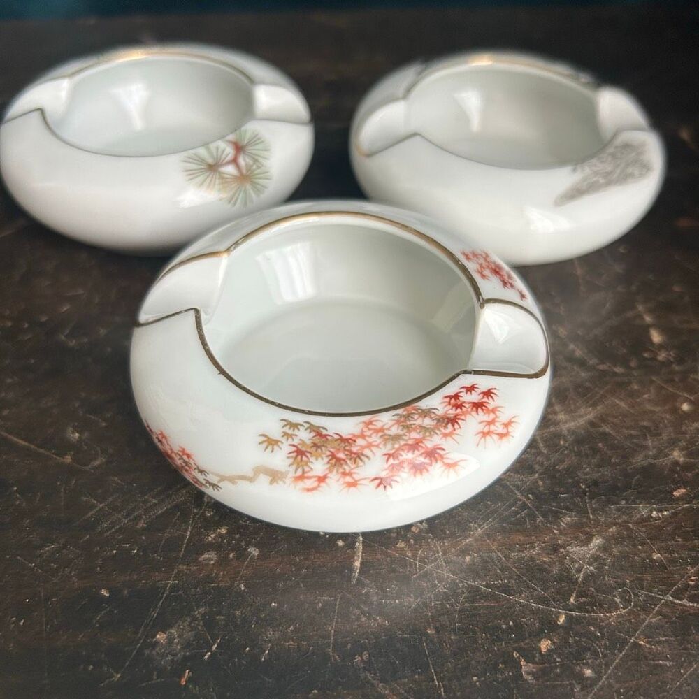 Vintage Fukagawa Arita Set of 3 Hand Painted Trinket Dish or Ashtray